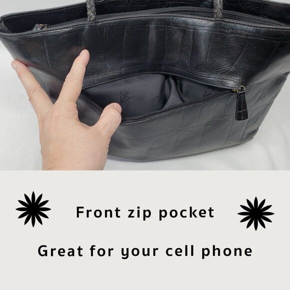 💲⬇️A.Giannetti Black Croc Embossed Leather Shoulder Tote 3 Comp Braided Handles - Picture 10 of 13